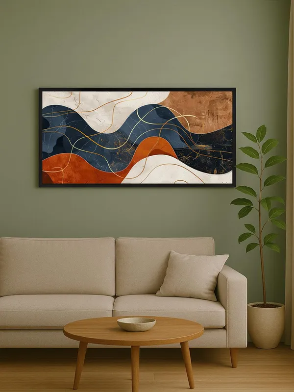 Abstract_Wave_Canvas_Wall_Art,_120_x_60_cm,_Navy_Blue_and_Orange_with_Gold_Lines,_Black_Frame,_Modern_Contemporary_Design