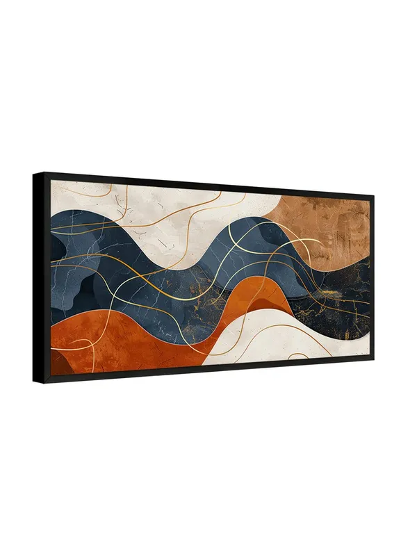 Abstract_Wave_Canvas_Wall_Art,_120_x_60_cm,_Navy_Blue_and_Orange_with_Gold_Lines,_Black_Frame,_Modern_Contemporary_Design