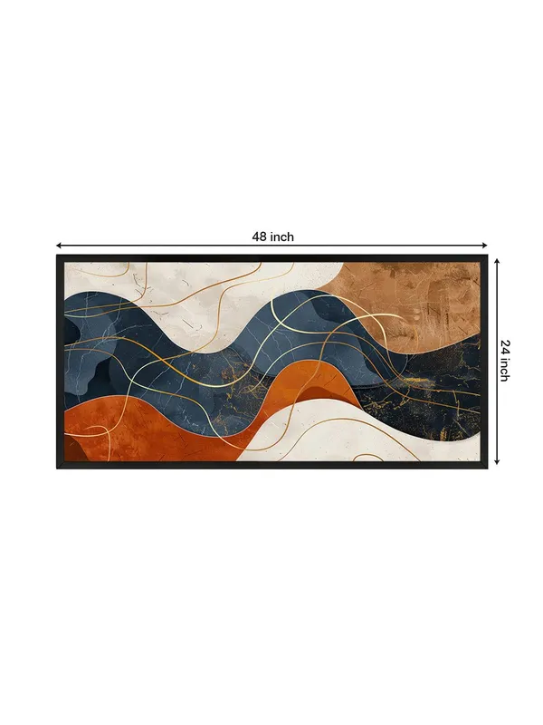 Abstract_Wave_Canvas_Wall_Art,_120_x_60_cm,_Navy_Blue_and_Orange_with_Gold_Lines,_Black_Frame,_Modern_Contemporary_Design
