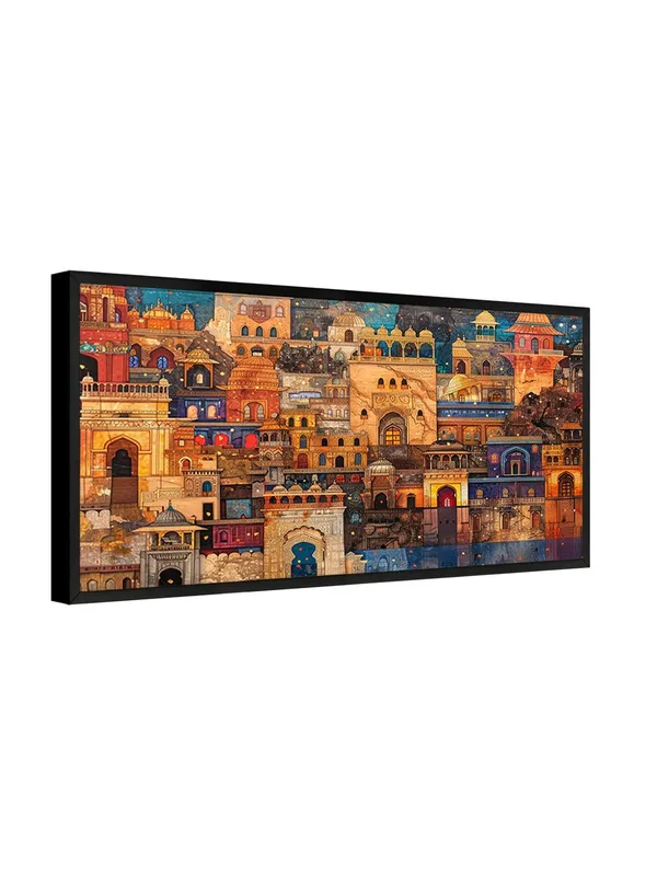 Indian_Architecture_Canvas_Wall_Art,_120_x_60_cm,_Black_Frame,_Multicolour_Traditional_Buildings