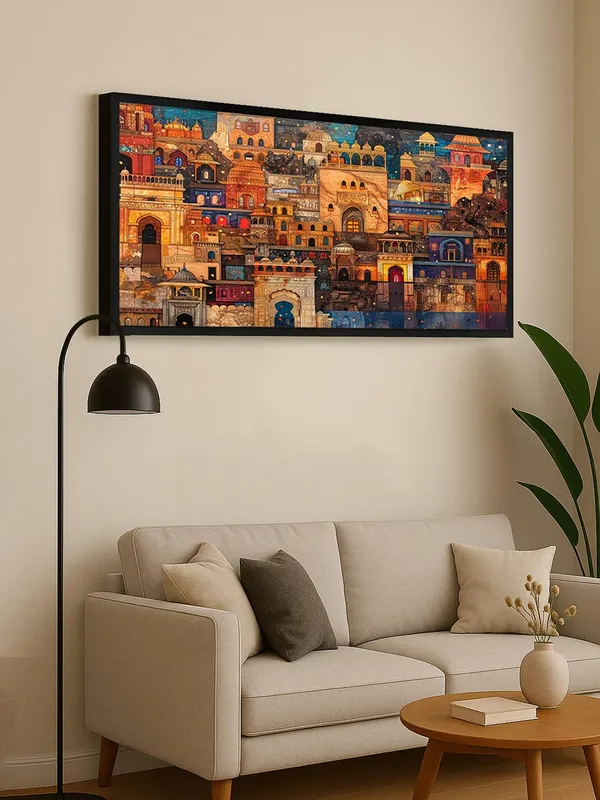 Indian_Architecture_Canvas_Wall_Art,_120_x_60_cm,_Black_Frame,_Multicolour_Traditional_Buildings