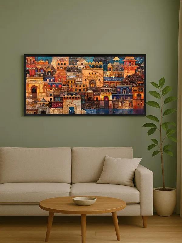 Indian_Architecture_Canvas_Wall_Art,_120_x_60_cm,_Black_Frame,_Multicolour_Traditional_Buildings