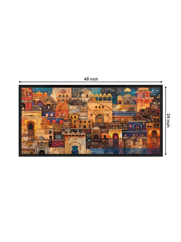 Indian_Architecture_Canvas_Wall_Art,_120_x_60_cm,_Black_Frame,_Multicolour_Traditional_Buildings