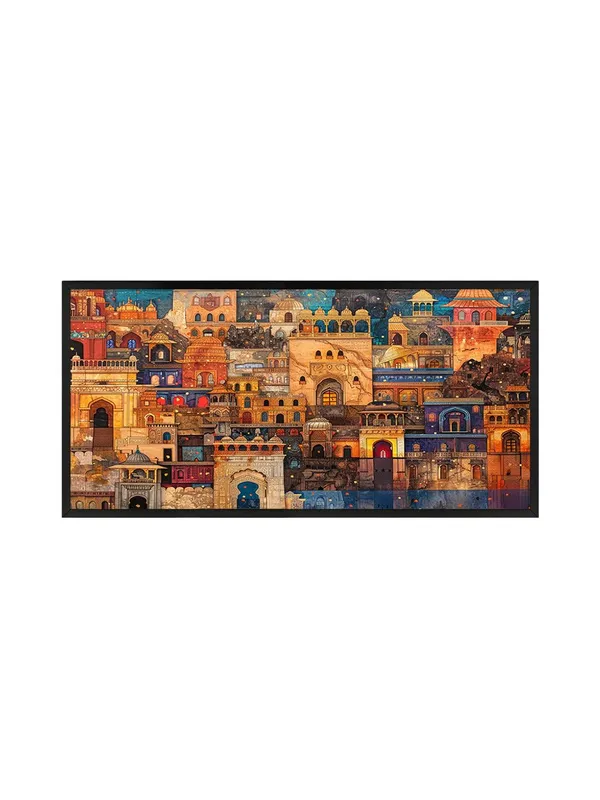 Indian_Architecture_Canvas_Wall_Art,_120_x_60_cm,_Black_Frame,_Multicolour_Traditional_Buildings