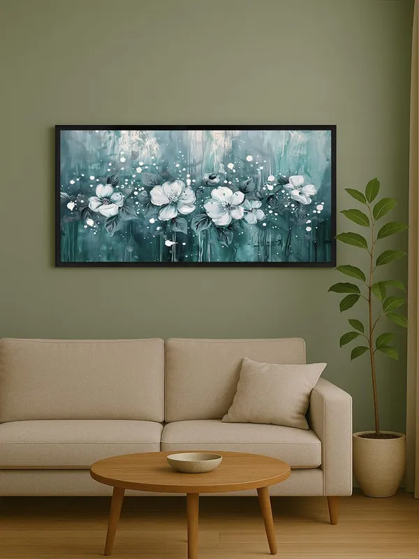 Floral_Canvas_Wall_Art,_White_Flowers_on_Teal_Background,_Black_Frame,_120_x_60_cm,_Modern_Living_Room_Décor