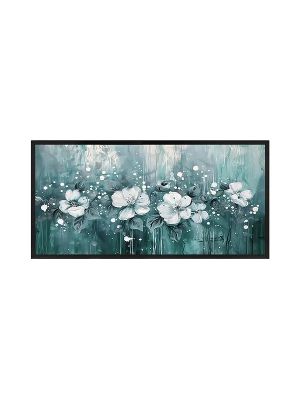 Floral_Canvas_Wall_Art,_White_Flowers_on_Teal_Background,_Black_Frame,_120_x_60_cm,_Modern_Living_Room_Décor