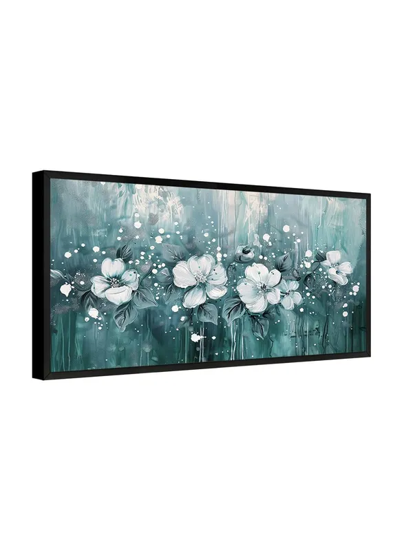 Floral_Canvas_Wall_Art,_White_Flowers_on_Teal_Background,_Black_Frame,_120_x_60_cm,_Modern_Living_Room_Décor