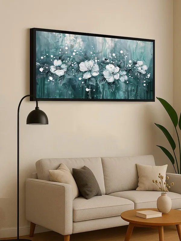 Floral_Canvas_Wall_Art,_White_Flowers_on_Teal_Background,_Black_Frame,_120_x_60_cm,_Modern_Living_Room_Décor