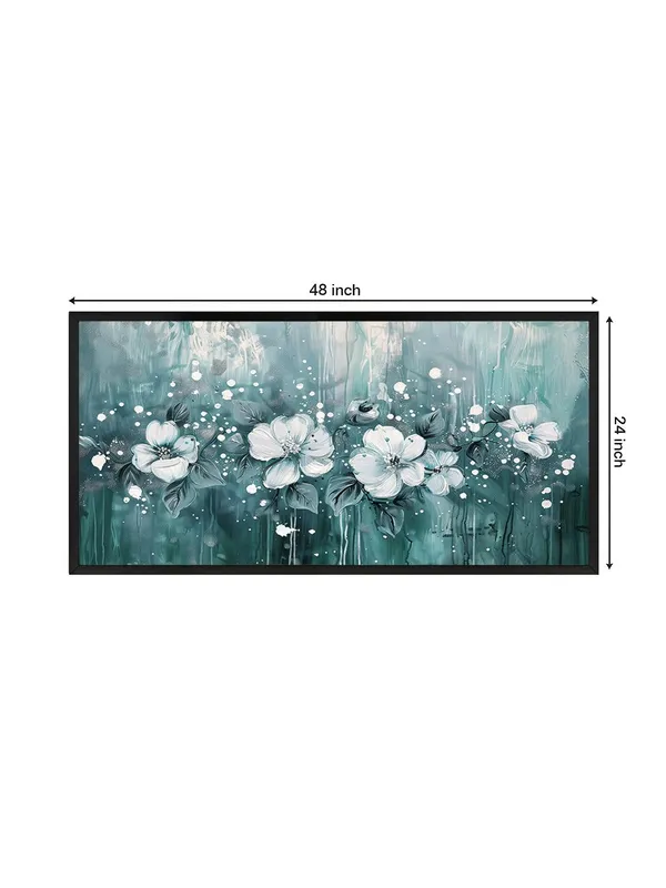 Floral_Canvas_Wall_Art,_White_Flowers_on_Teal_Background,_Black_Frame,_120_x_60_cm,_Modern_Living_Room_Décor