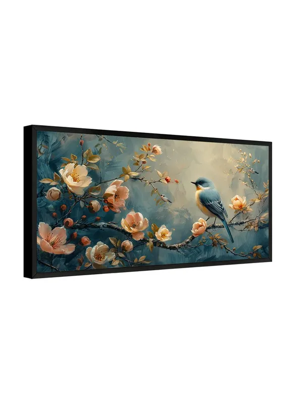 Bird_and_Cherry_Blossom_Wall_Art,_Framed_Canvas_Print,_Blue_and_Peach_Nature_Scene,_Living_Room_Decor