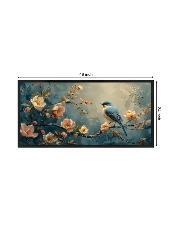 Bird_and_Cherry_Blossom_Wall_Art,_Framed_Canvas_Print,_Blue_and_Peach_Nature_Scene,_Living_Room_Decor
