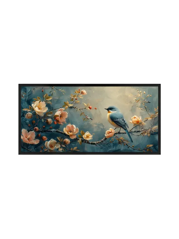 Bird_and_Cherry_Blossom_Wall_Art,_Framed_Canvas_Print,_Blue_and_Peach_Nature_Scene,_Living_Room_Decor