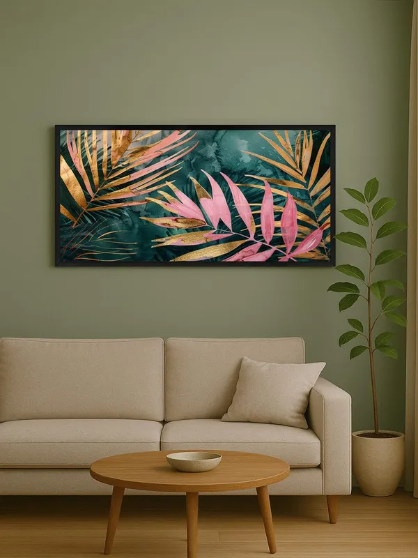 Tropical_Palm_Leaves_Canvas_Wall_Art,_Pink_and_Gold_Botanical_Print,_Modern_Living_Room_Decor,_Black_Frame