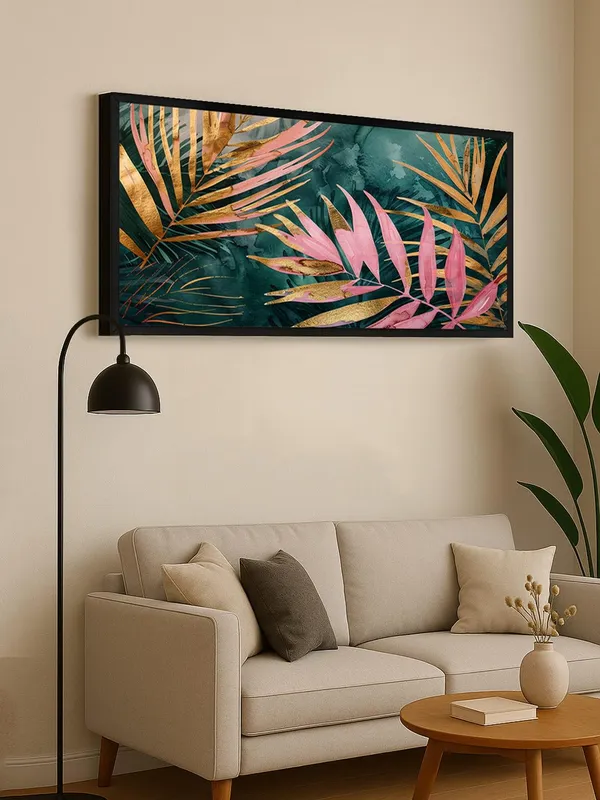 Tropical_Palm_Leaves_Canvas_Wall_Art,_Pink_and_Gold_Botanical_Print,_Modern_Living_Room_Decor,_Black_Frame