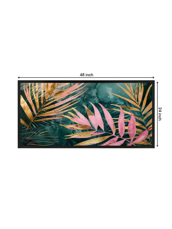 Tropical_Palm_Leaves_Canvas_Wall_Art,_Pink_and_Gold_Botanical_Print,_Modern_Living_Room_Decor,_Black_Frame