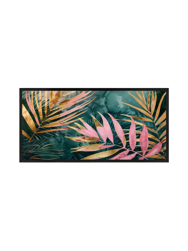 Tropical_Palm_Leaves_Canvas_Wall_Art,_Pink_and_Gold_Botanical_Print,_Modern_Living_Room_Decor,_Black_Frame