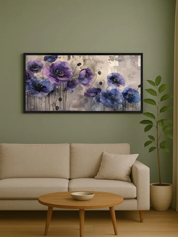 Purple_and_Blue_Floral_Wall_Art,_Modern_Abstract_Poppy_Canvas_Print_with_Black_Frame,_Living_Room_Decor