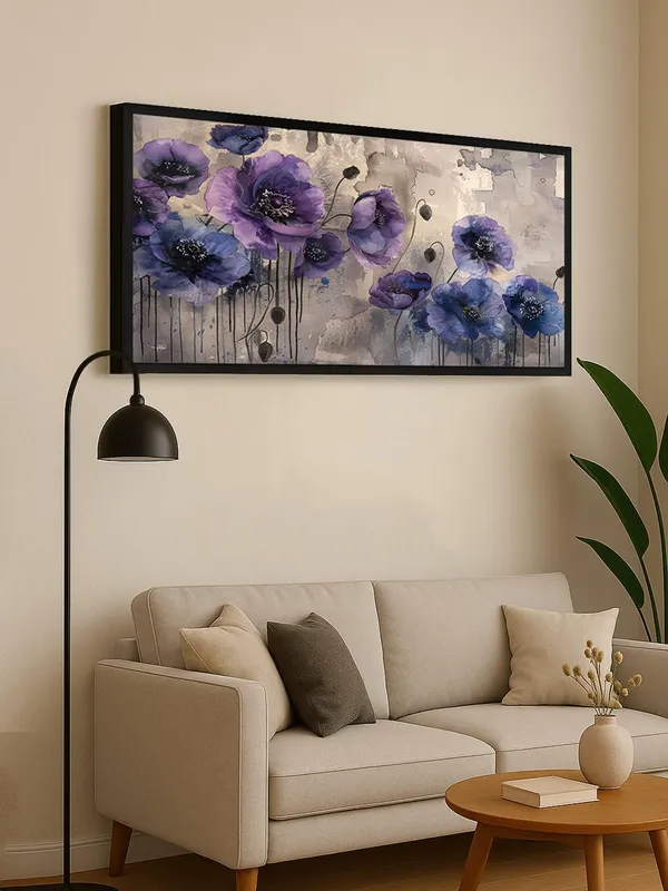 Purple_and_Blue_Floral_Wall_Art,_Modern_Abstract_Poppy_Canvas_Print_with_Black_Frame,_Living_Room_Decor