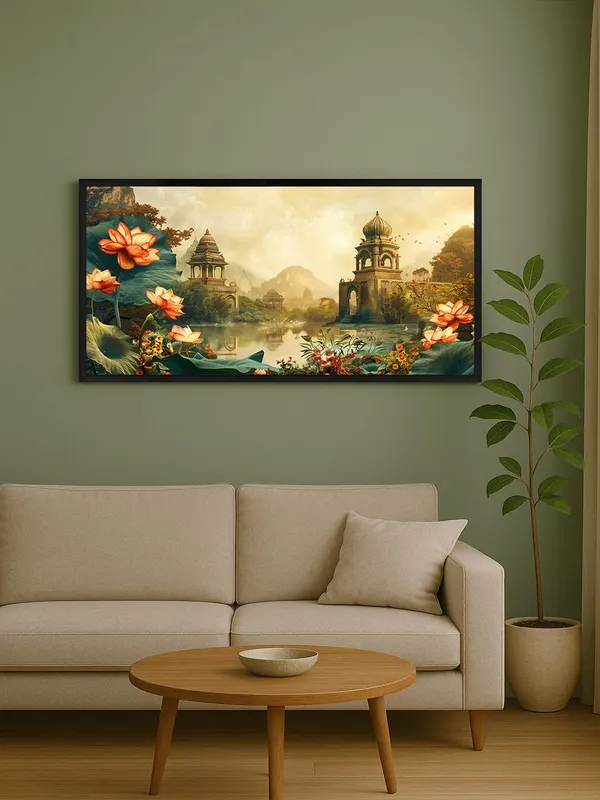 Indian_Temple_Lotus_Wall_Art,_Oriental_Landscape_Canvas_Print_with_Black_Frame,_Scenic_Artwork