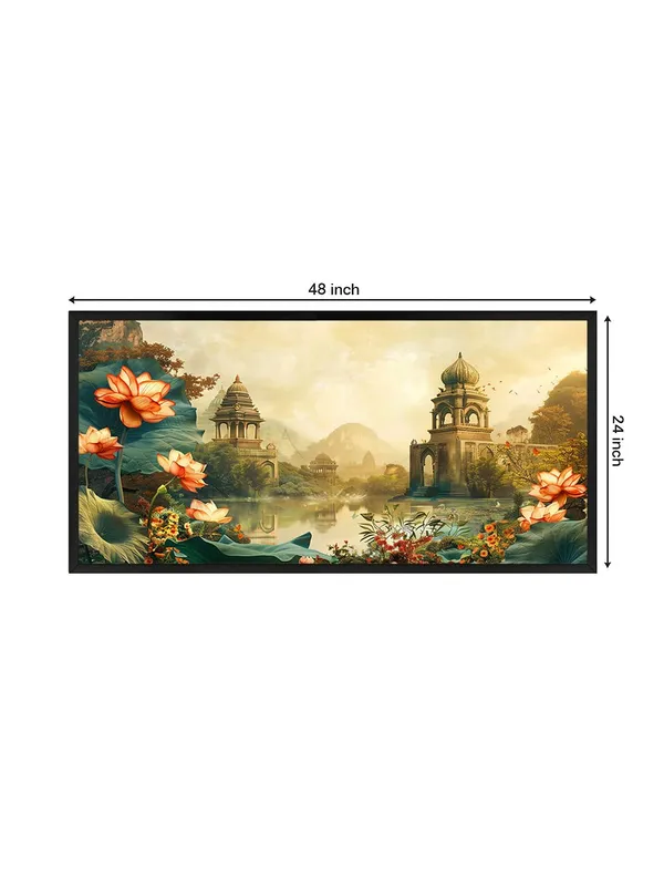 Indian_Temple_Lotus_Wall_Art,_Oriental_Landscape_Canvas_Print_with_Black_Frame,_Scenic_Artwork
