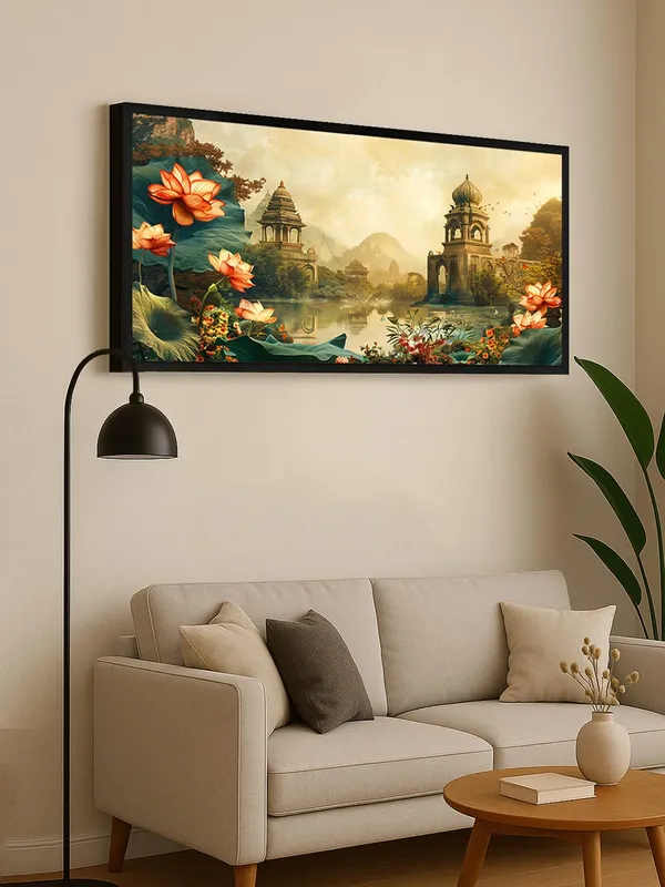 Indian_Temple_Lotus_Wall_Art,_Oriental_Landscape_Canvas_Print_with_Black_Frame,_Scenic_Artwork