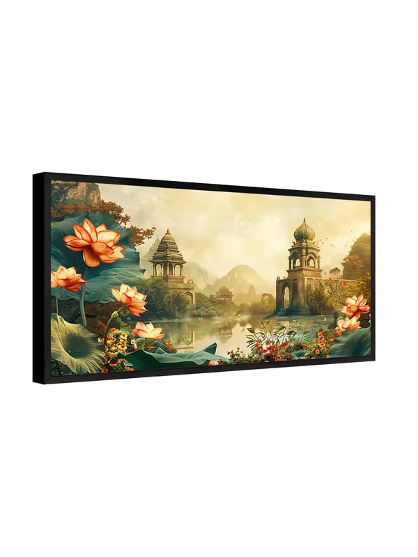 Indian_Temple_Lotus_Wall_Art,_Oriental_Landscape_Canvas_Print_with_Black_Frame,_Scenic_Artwork