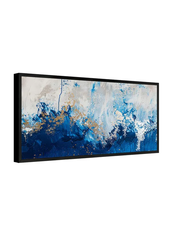 Abstract_Fluid_Art_Canvas_Print,_120_x_60_cm,_Blue_and_White_with_Gold_Accents,_Black_Frame,_Modern_Contemporary_Wall_Art