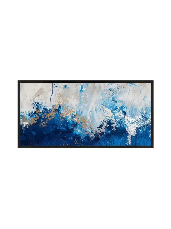 Abstract_Fluid_Art_Canvas_Print,_120_x_60_cm,_Blue_and_White_with_Gold_Accents,_Black_Frame,_Modern_Contemporary_Wall_Art