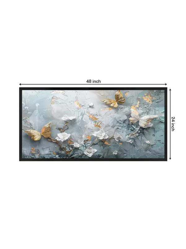 3D_Butterfly_Canvas_Wall_Art,_120_x_60_cm,_Abstract_Grey_Gold_Floral_Design,_Black_Frame,_Living_Room_Decor