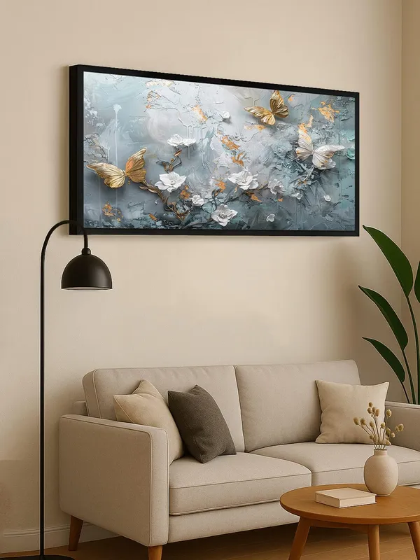 3D_Butterfly_Canvas_Wall_Art,_120_x_60_cm,_Abstract_Grey_Gold_Floral_Design,_Black_Frame,_Living_Room_Decor