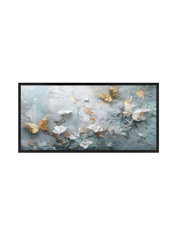 3D_Butterfly_Canvas_Wall_Art,_120_x_60_cm,_Abstract_Grey_Gold_Floral_Design,_Black_Frame,_Living_Room_Decor