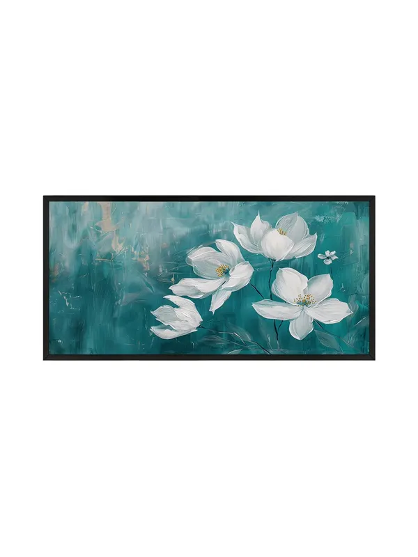 Modern_Floral_Wall_Art_Canvas_Print,_White_Flowers_on_Teal_Background,_Black_Frame,_Living_Room_Decor