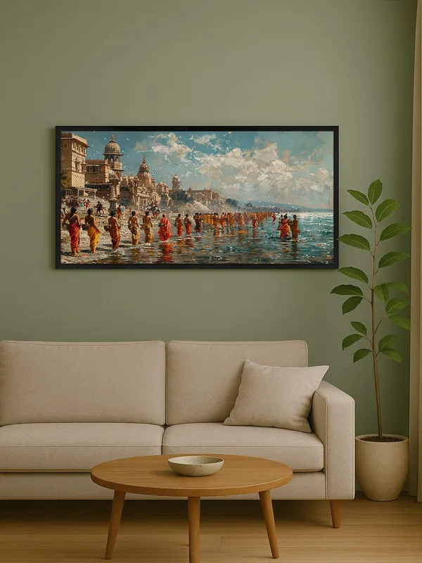Large_Framed_Canvas_Wall_Art,_Varanasi_Ghats_Spiritual_Scene,_Traditional_Indian_Painting,_Living_Room_Décor