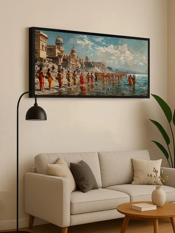 Large_Framed_Canvas_Wall_Art,_Varanasi_Ghats_Spiritual_Scene,_Traditional_Indian_Painting,_Living_Room_Décor