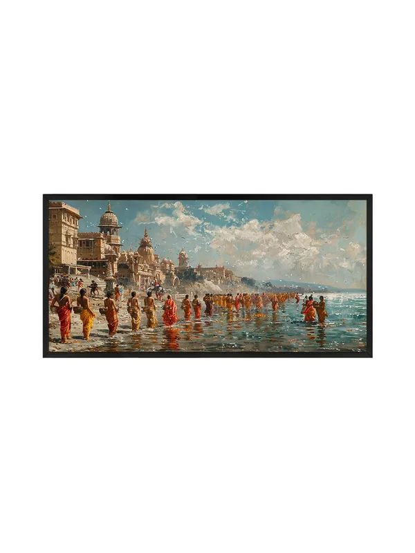 Large_Framed_Canvas_Wall_Art,_Varanasi_Ghats_Spiritual_Scene,_Traditional_Indian_Painting,_Living_Room_Décor