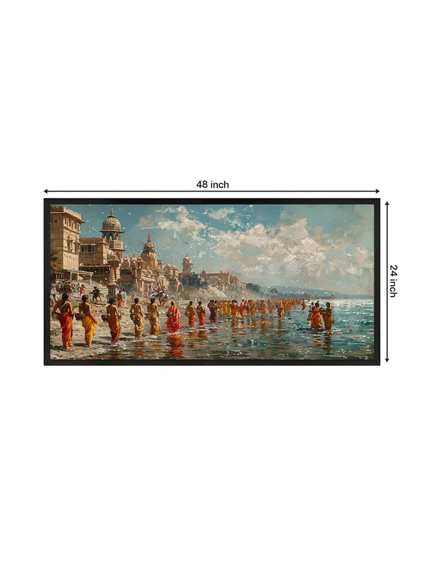 Large_Framed_Canvas_Wall_Art,_Varanasi_Ghats_Spiritual_Scene,_Traditional_Indian_Painting,_Living_Room_Décor