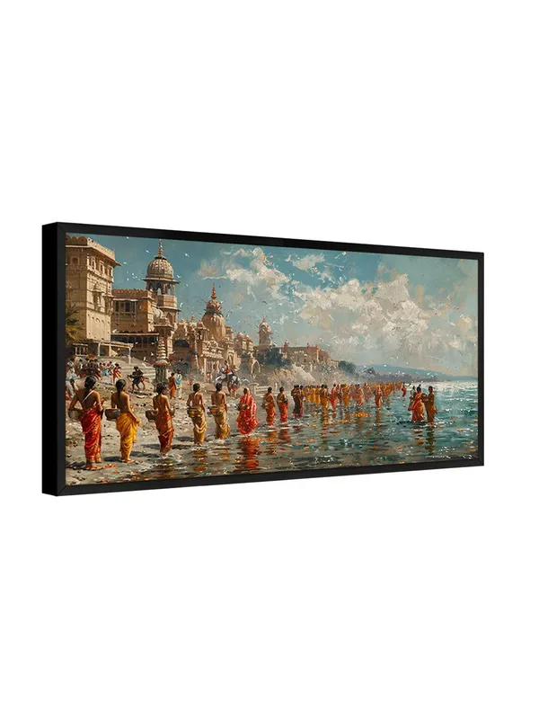 Large_Framed_Canvas_Wall_Art,_Varanasi_Ghats_Spiritual_Scene,_Traditional_Indian_Painting,_Living_Room_Décor