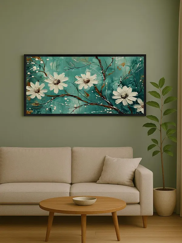 Modern_Floral_Canvas_Wall_Art,_White_Daisy_Flowers_on_Teal_Background,_Framed_Living_Room_Decor