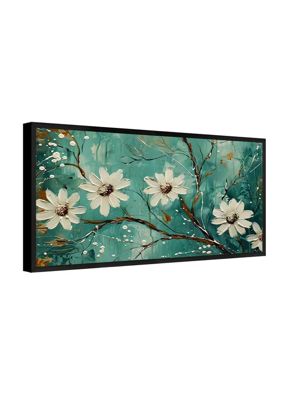 Modern_Floral_Canvas_Wall_Art,_White_Daisy_Flowers_on_Teal_Background,_Framed_Living_Room_Decor