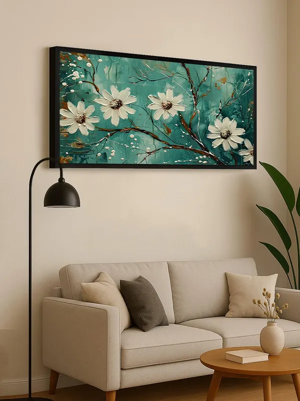 Modern_Floral_Canvas_Wall_Art,_White_Daisy_Flowers_on_Teal_Background,_Framed_Living_Room_Decor
