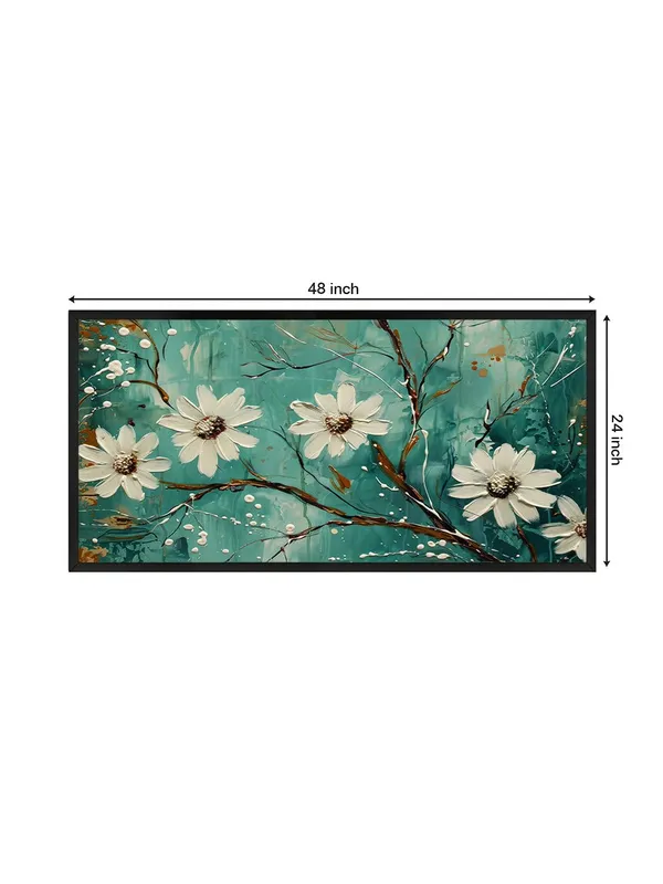 Modern_Floral_Canvas_Wall_Art,_White_Daisy_Flowers_on_Teal_Background,_Framed_Living_Room_Decor