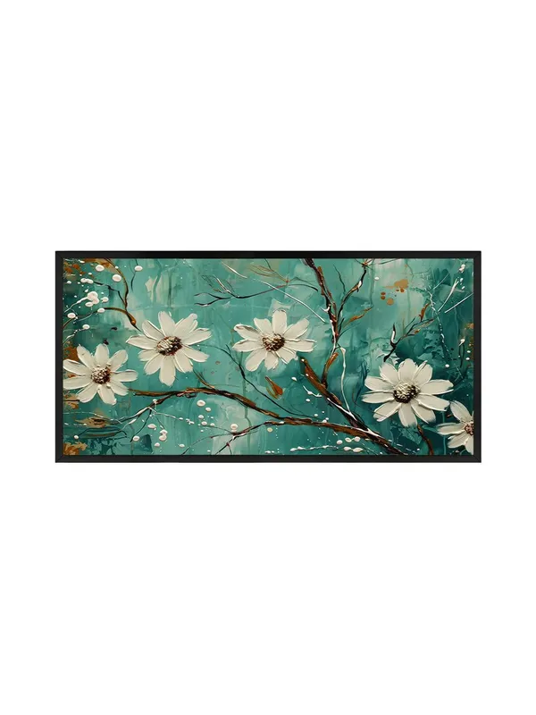 Modern_Floral_Canvas_Wall_Art,_White_Daisy_Flowers_on_Teal_Background,_Framed_Living_Room_Decor