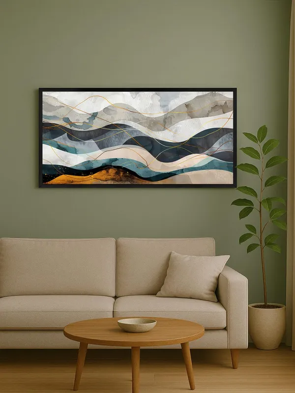 Abstract_Mountain_Landscape_Wall_Art,_Modern_Watercolour_Canvas_Print_with_Gold_Lines,_Black_Frame,_Living_Room_Decor