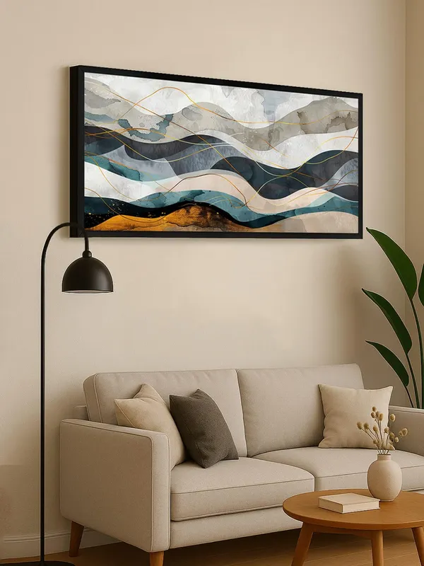 Abstract_Mountain_Landscape_Wall_Art,_Modern_Watercolour_Canvas_Print_with_Gold_Lines,_Black_Frame,_Living_Room_Decor