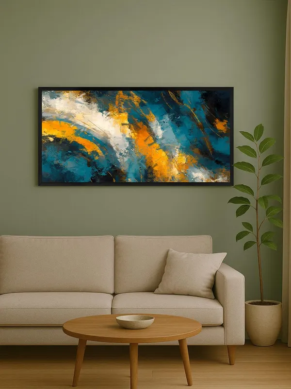 Modern_Abstract_Wall_Art_Canvas_Print,_Blue_and_Orange_Storm_Design,_Black_Frame,_Living_Room_Decor