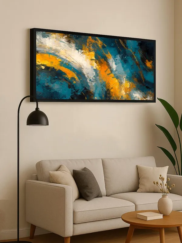 Modern_Abstract_Wall_Art_Canvas_Print,_Blue_and_Orange_Storm_Design,_Black_Frame,_Living_Room_Decor