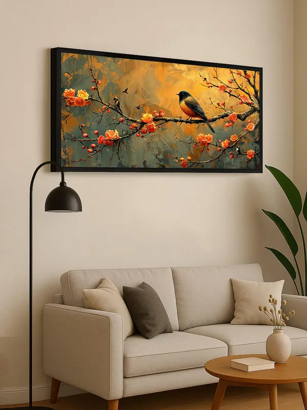 Bird_on_Cherry_Blossom_Branch_Canvas_Wall_Art,_Framed_Print,_Living_Room_Decor,_Orange_and_Grey