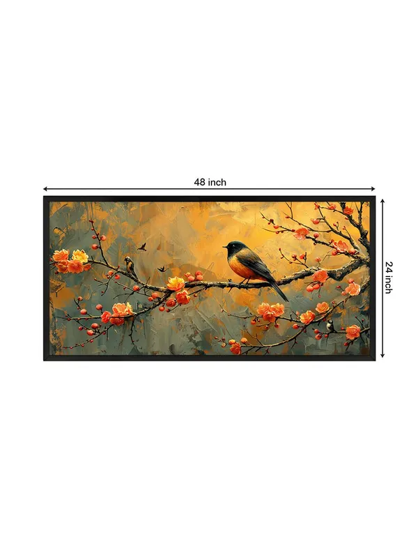 Bird_on_Cherry_Blossom_Branch_Canvas_Wall_Art,_Framed_Print,_Living_Room_Decor,_Orange_and_Grey