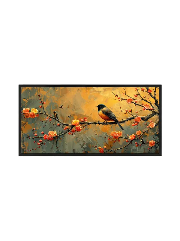 Bird_on_Cherry_Blossom_Branch_Canvas_Wall_Art,_Framed_Print,_Living_Room_Decor,_Orange_and_Grey
