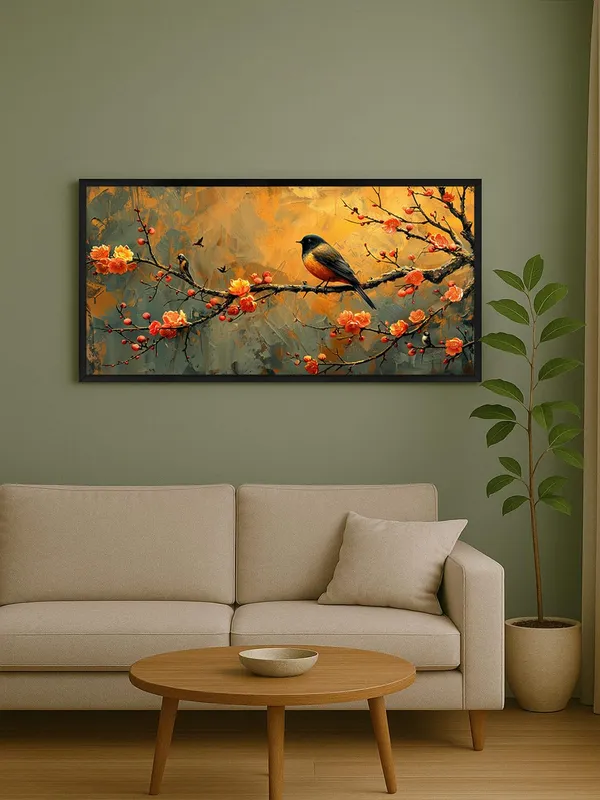 Bird_on_Cherry_Blossom_Branch_Canvas_Wall_Art,_Framed_Print,_Living_Room_Decor,_Orange_and_Grey
